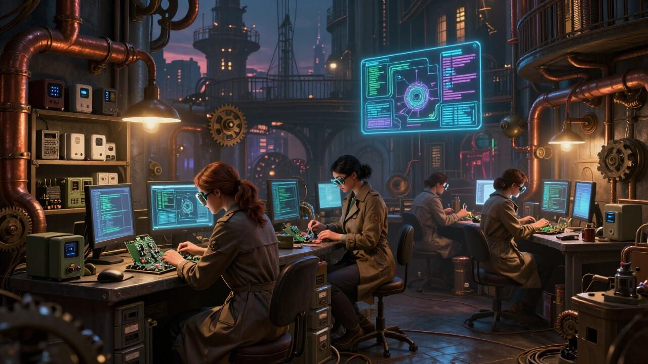 A secretive workshop hidden in a Victorian-steampunk city, glowing screens and mechanical contraptions everywhere