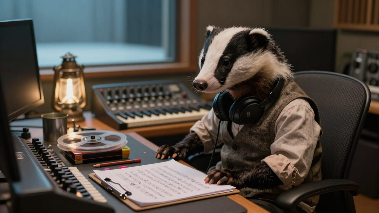 A small, rumpled creature, somewhere between a badger and a tired analyst, in a dim recording engineer's booth at the end of a long shift. Striped face, faded waistcoat over a creased shirt, sleeves rolled, headphones half on around the neck. At a worn mixing console with rows of faders...