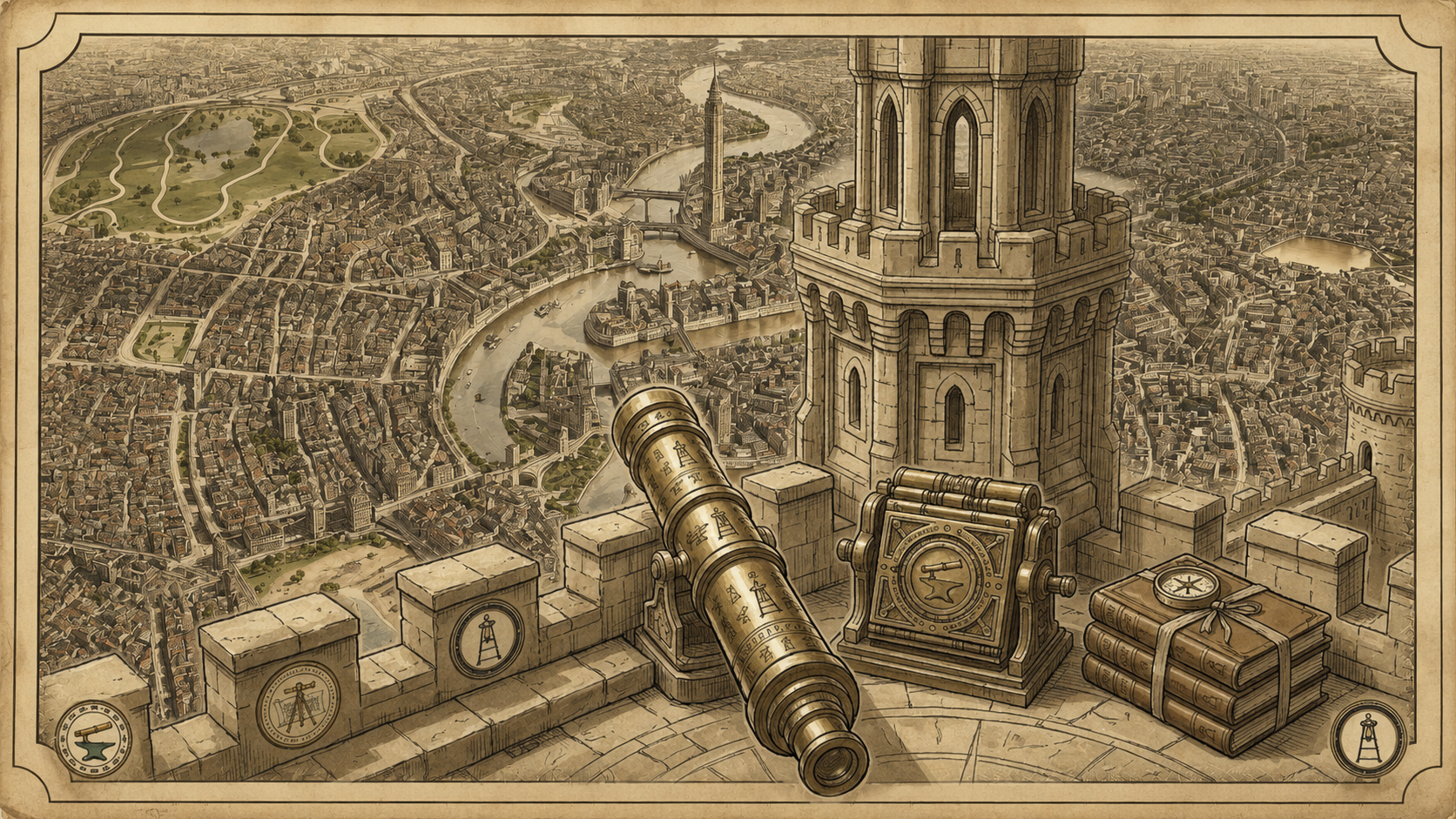 illustration on aged parchment, looking out over the city of Ankh-Morpork from high atop a defensive tower. In the mid-ground, the city and the vast Circle Sea are rendered in detailed, hand-drawn cartography. In the immediate foreground, the stone ramparts of the tower (the 'MoD/Establishment') are visible. Integrated into the foreground view, the different functions are symbolized: a heavy brass cryptographic device for golem computing, a stack of freshly audited ledgers, and a massive, telescope-like magical looking-glass used for long-range observation over the sea.