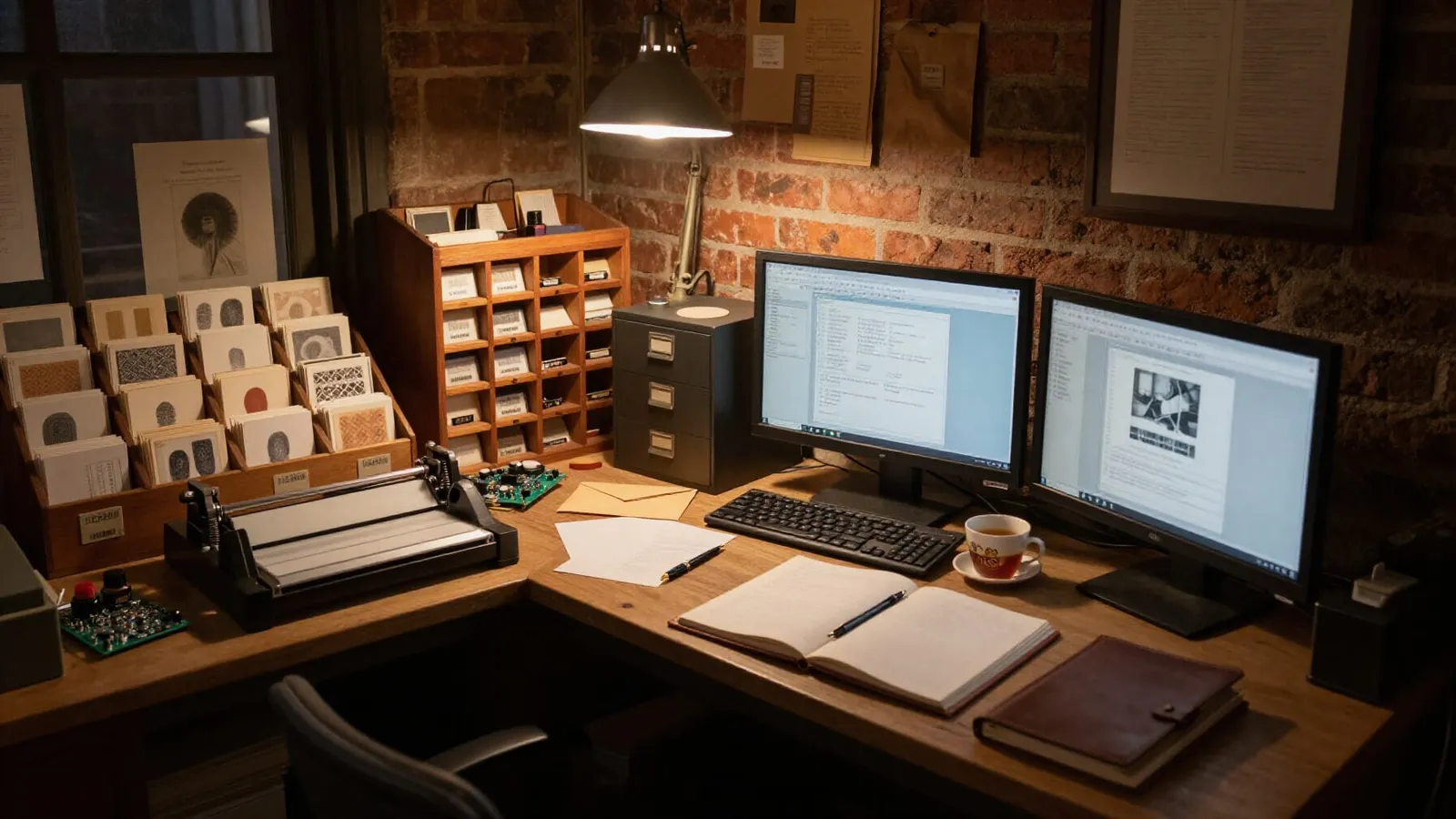 A small civic workshop interior at night. The room serves two interrelated functions: making fingerprints, and using them. On the left, a card-making workstation with a small hand press and racks of small printed index cards arranged in numbered slots.