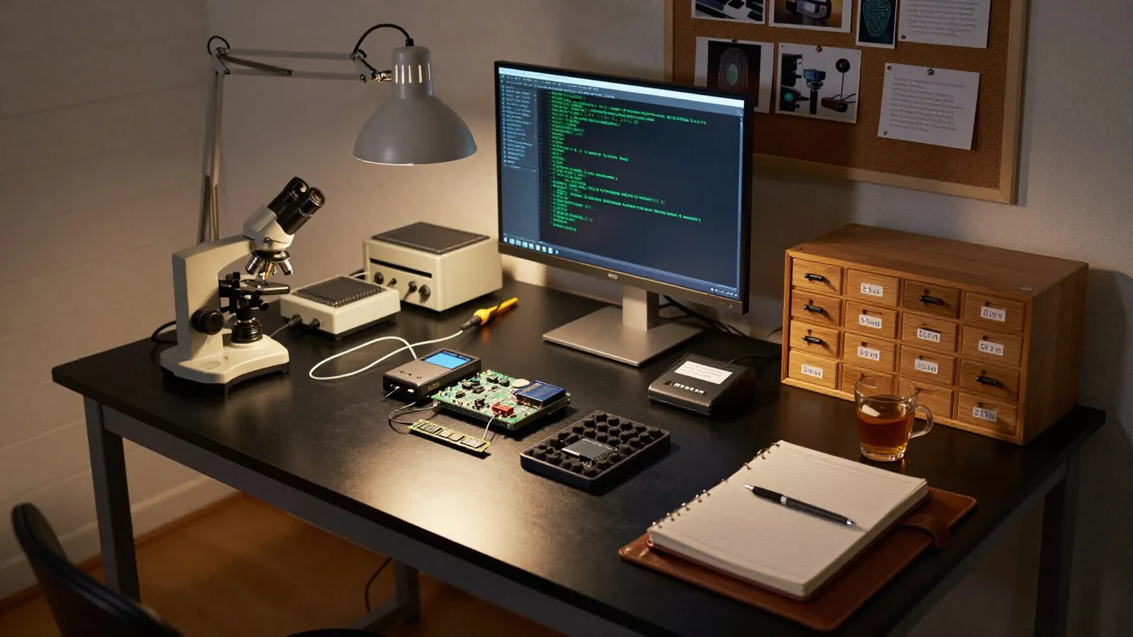 A forensic firmware analysis obsidian workbench in a small dedicated lab room at night, viewed at eye level.