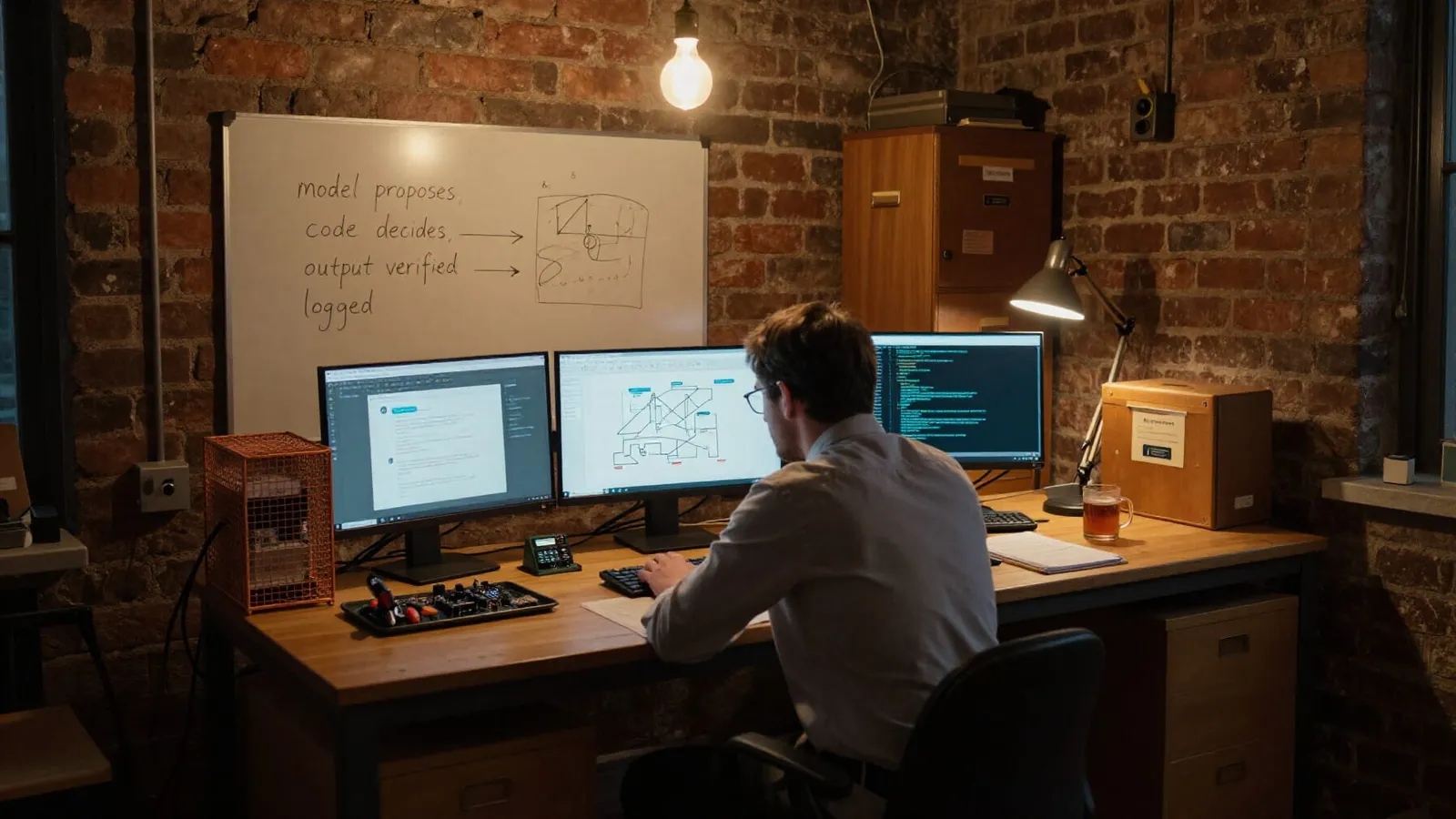 A small research workspace interior at night, viewed at eye level. A single researcher in shirtsleeves works at a long wooden workbench, focused on three monitors: the left shows an LLM chat interface with text bubbles, the right shows code analysis output and disassembly, the centre shows a hand-drawn flowchart pinned in place.