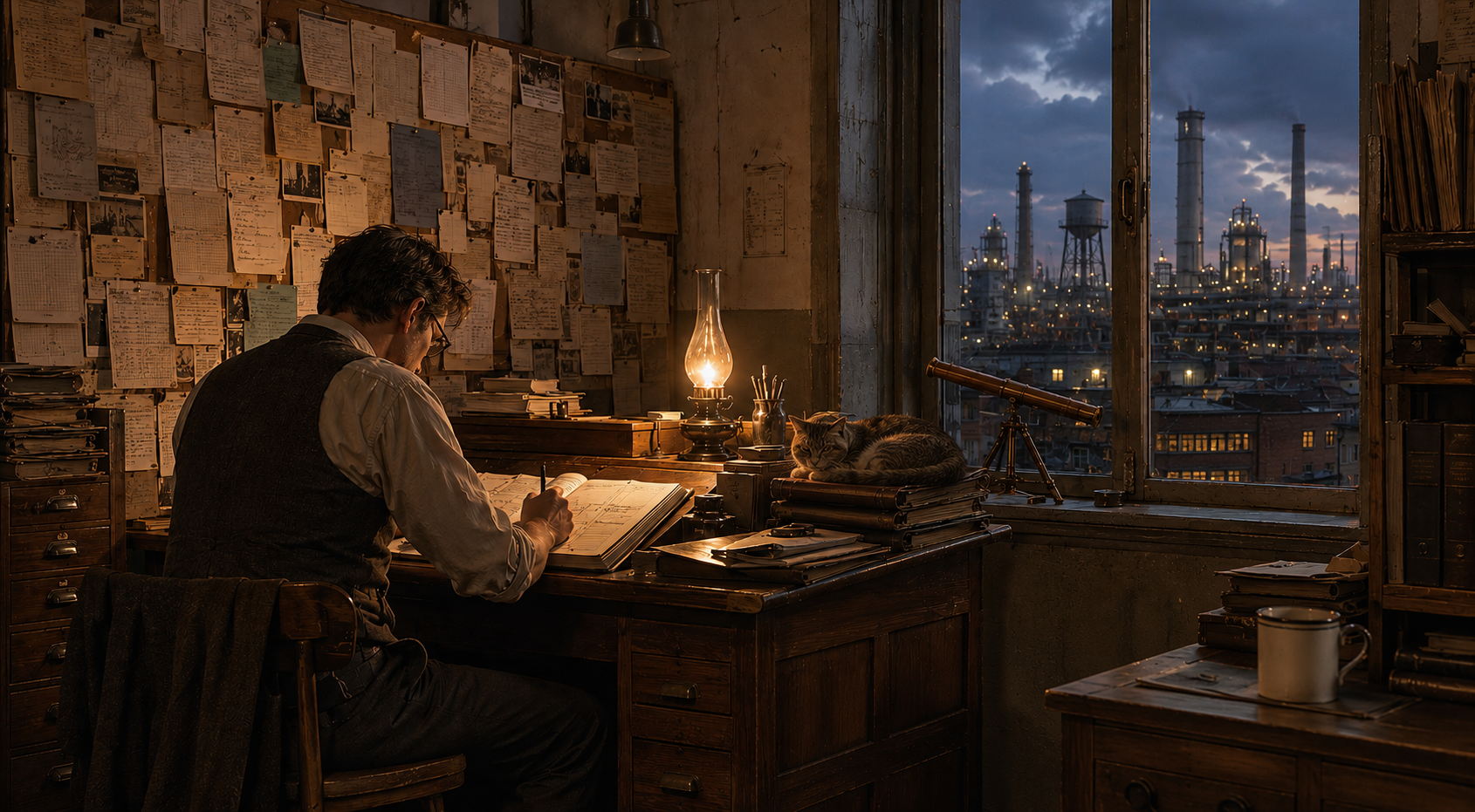 A clerk in shirtsleeves and a waistcoat works at a tall wooden desk under the warm light of a single oil lamp, writing entries into a leather-bound ledger.